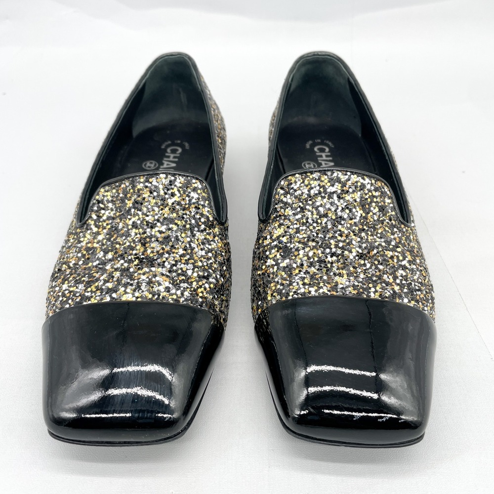 Chanel Womens 38.5 8.5 Glitter Loafers CC Black Gold Patent Leather Cap Toe Flat - Picture 4 of 9